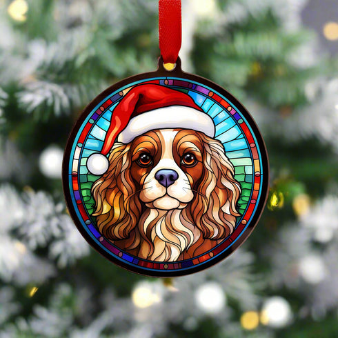 Cavalier King Charles Spaniel in Santa Hat Suncatcher Decoration